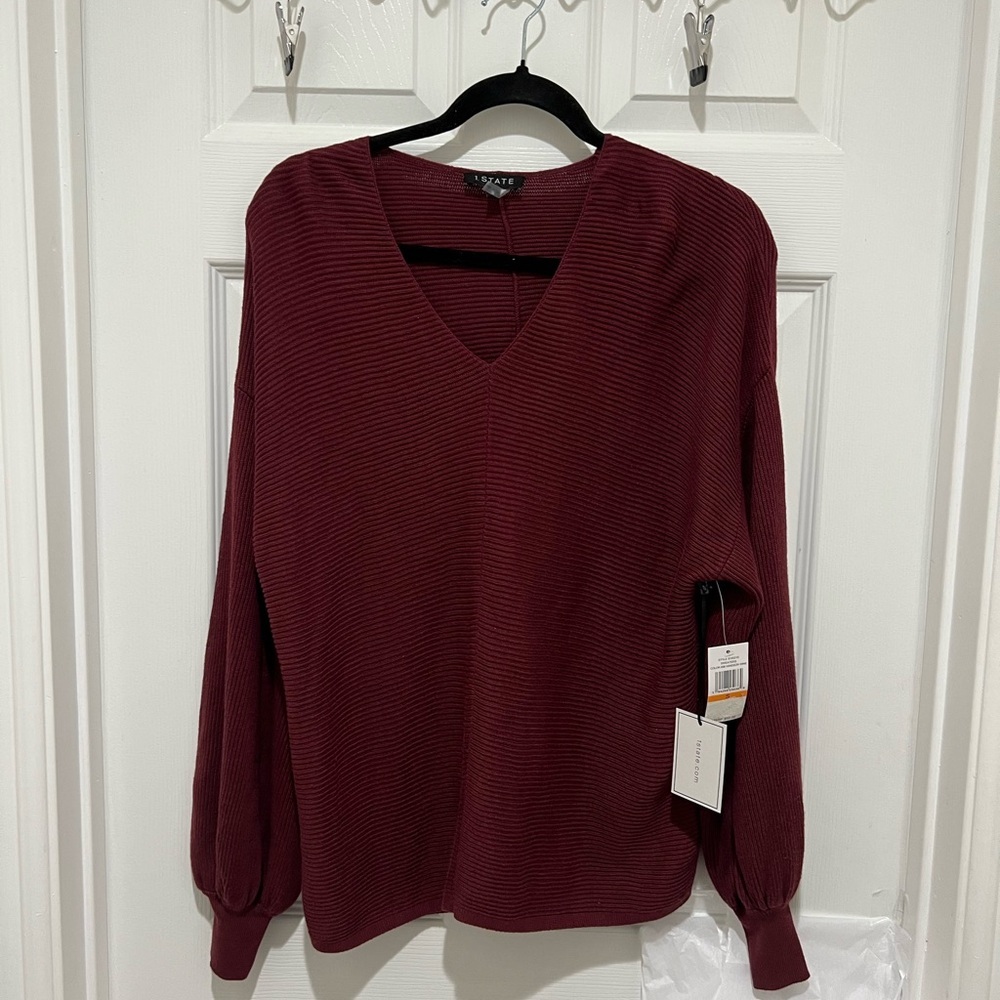 1.STATE Ribbed Balloon Sleeve Cotton Blend Sweater in Burgundy, Size S - Picture 2 of 5